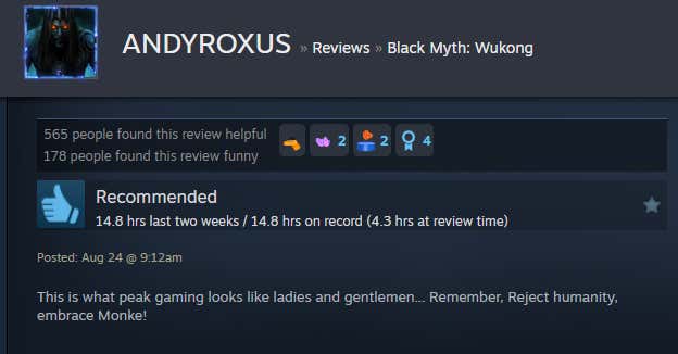 Screenshot of the article titled Dark Legend: Wukong, as reported by Steam Reviews